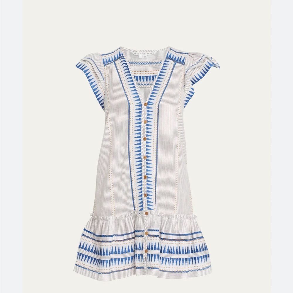 Veronica Beard Loraine Mini Dress with Blue Geo Embroidery